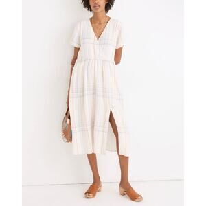 Madewell Clara Plaid Linen Blend Midi Dress Medium Faux Wrap Pockets Cottagecore